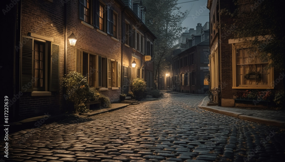 Poster old architecture illuminated by street lights on wet cobblestone footpath generated by ai
