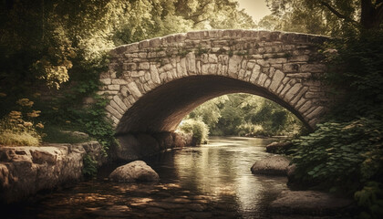 Fototapeta na wymiar An ancient stone bridge arches over tranquil flowing water generated by AI