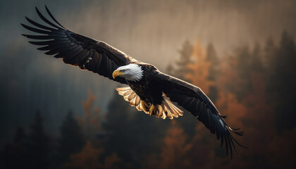 Bald eagle flying mid air, spread wings, focus on foreground generated by AI