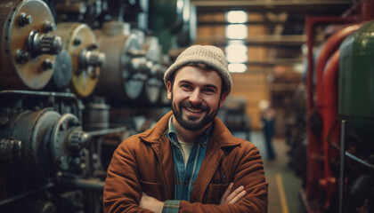 Fototapeta na wymiar Confident young entrepreneur in casual clothing standing in workshop with equipment generated by AI