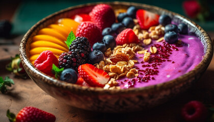 Fototapeta na wymiar Organic berry fruit bowl with yogurt, granola, and chia seed generated by AI