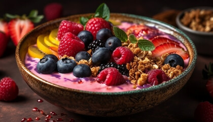 Healthy berry bowl with granola and Greek yogurt on rustic wood generated by AI