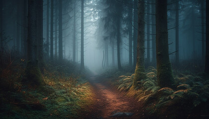Spooky forest mystery dark, foggy, and wet with autumn leaves generated by AI