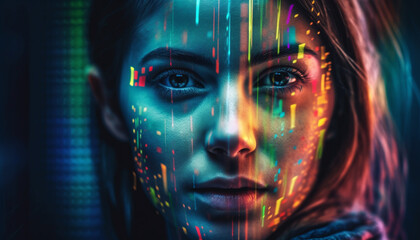 One futuristic caucasian cyborg woman looking at camera, glowing abstractly generated by AI