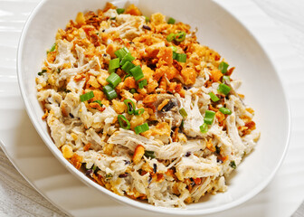 Chicken Rice Casserole in white bowl, top view