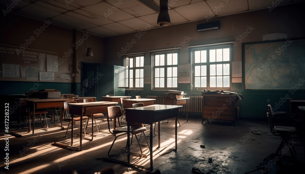 Poster modern technology meets old fashioned architecture in an empty classroom workshop generated by ai