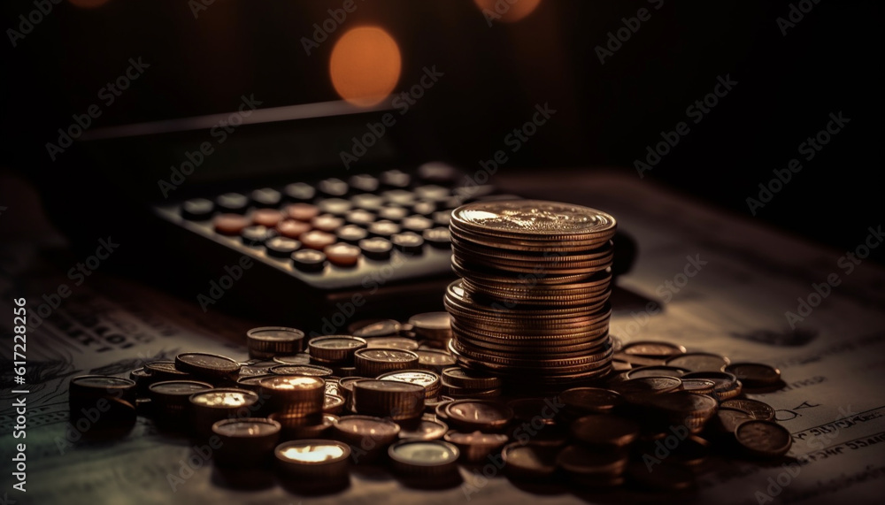 Poster heap of paper currency and coins on dark desk background generated by ai