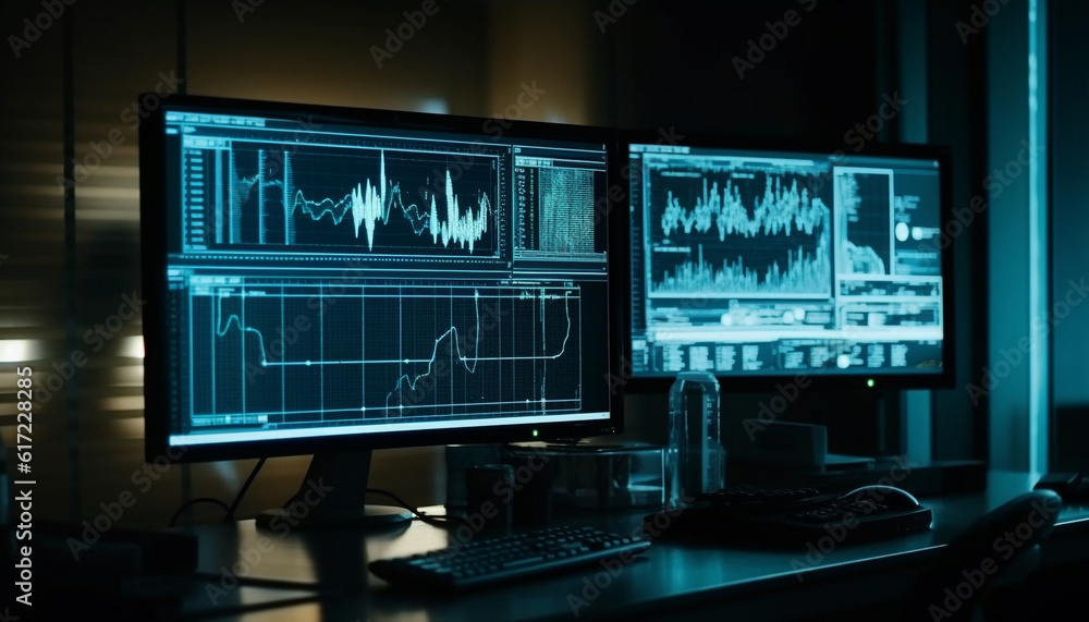 Poster analyzing healthcare data, monitoring pulse trace with modern technology generated by ai