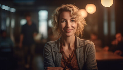 Obraz premium Fashionable young woman with blond hair enjoys city nightlife generated by AI