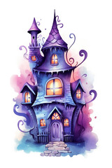 A watercolor painting of a purple and blue house. Generative AI. Halloween clipart drawing.