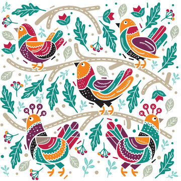 birds and floral animal decorative vector illustration