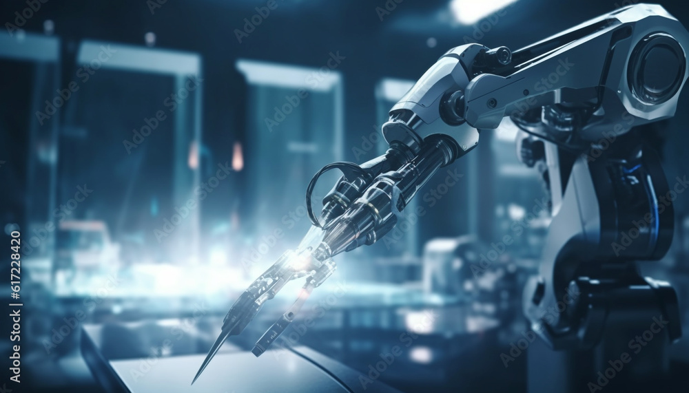Poster metallic robot arm in a row on conveyor belt in factory generated by ai
