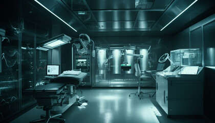 Modern hospital machinery illuminates futuristic robotic arm in monochrome reflection generated by AI