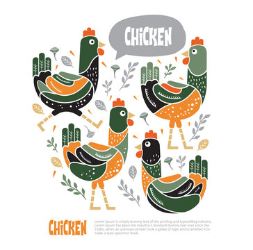 Hens and rooster animal decorative vector illustration.	