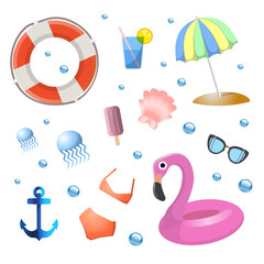 Vector Illustration. Big summer set of different stickers: jellyfish, sunglasses, ice cream, umbrella, shell, bubbles, Flamingo inflatable circle and cocktail.