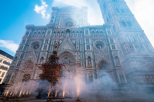 Pyrotechnics Fireworks Around Brindellone Cart at Duomo, Scoppio Del Carro, Florence Italy