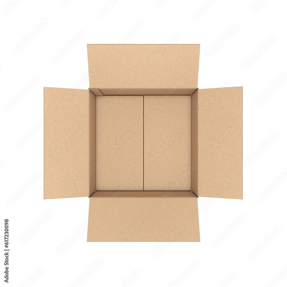 Poster empty opened cardboard box top view. 3d rendering