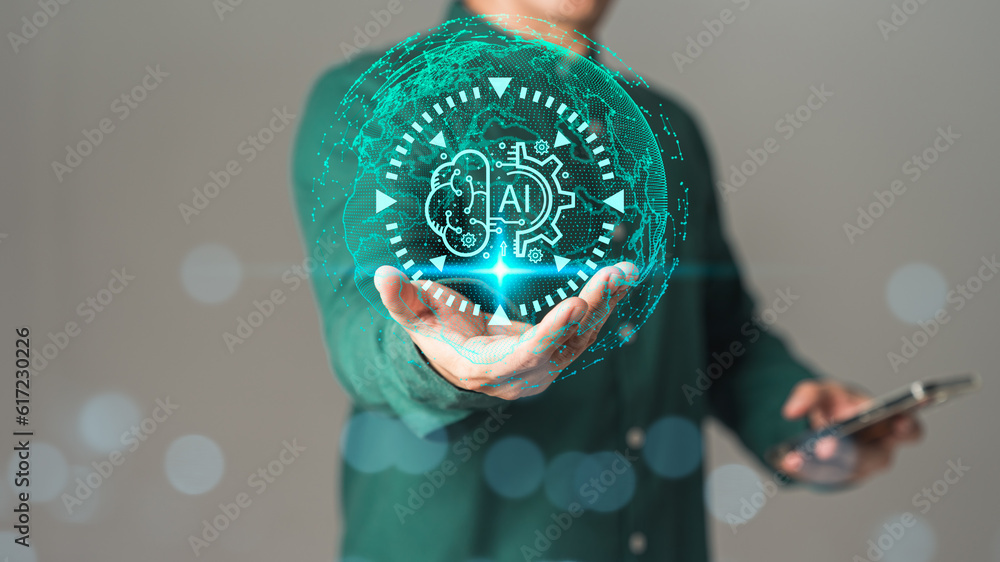 Poster Ai technology, cloud computing. Digital transformation change management, internet of things. Technology bigdata and business process strategy, Financial management, smart industry and world map.