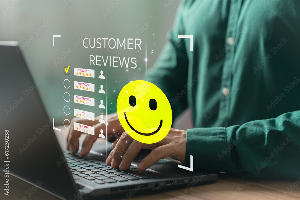 Poster customer review satisfaction feedback survey. shopper gives a rating to service experience on online