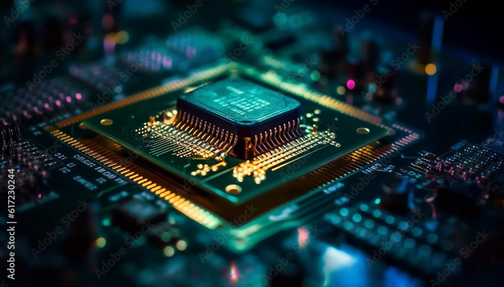 Poster complex computer circuit board showcases futuristic technology and electrical components generated b
