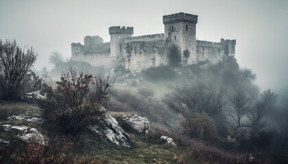 Fototapeta premium Ancient ruined architecture surrounded by fog in a spooky landscape generated by AI