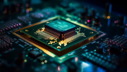 Obraz premium Complex computer circuit board showcases futuristic technology and electrical components generated by AI