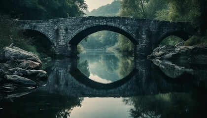 Tranquil reflection of ancient bridge in misty autumn forest generated by AI - obrazy, fototapety, plakaty