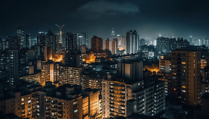 Fototapeta na wymiar Glowing skyscrapers illuminate the crowded city street at night generated by AI