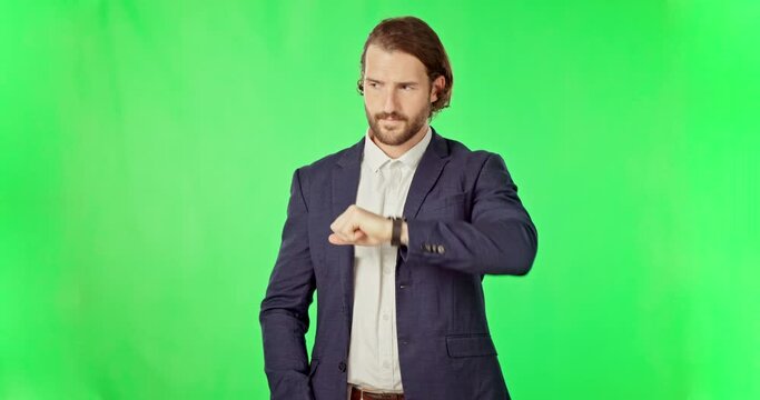 Businessman, waiting and box for online delivery on green screen in ecommerce against a studio background. Happy man checking time on watch for package, parcel or cargo and order on mockup space