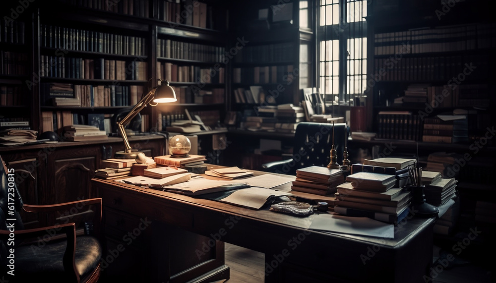 Poster stacks of old books on a large bookshelf in library generated by ai