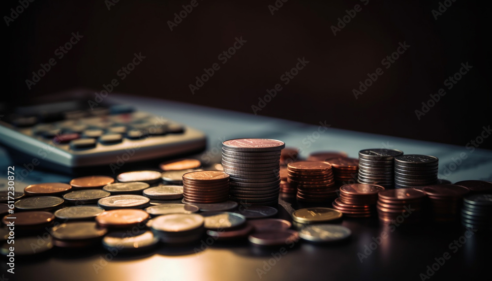 Wall mural stacks of coins and bills symbolize financial success and wealth generated by ai