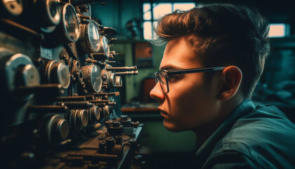 Young adult Caucasian male concentrating on machinery in workshop generated by AI