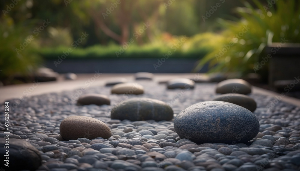 Poster smooth green pebble sphere in wet landscape with granite backdrop generated by ai