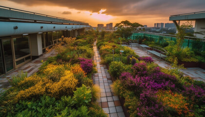 Beauty in nature architecture sunset sky, multi colored flowers, green grass generated by AI