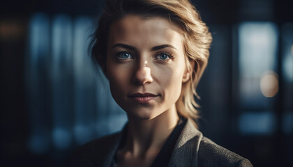 Confident young businesswoman standing outdoors, looking away with elegance generated by AI