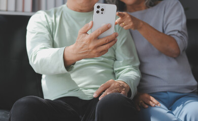 Embraced mature couple surfing the Internet on laptop at home