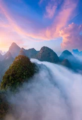 Wall murals Guilin Aerial view of Karst mountain natural landscape at sunrise, Guilin, Guangxi, China.