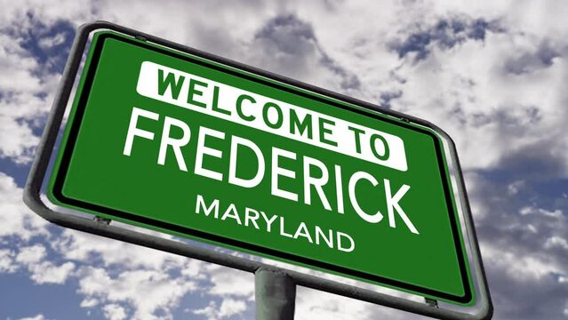 Welcome to Frederick, Maryland. USA City Road Sign Close Up, Realistic 3d Animation