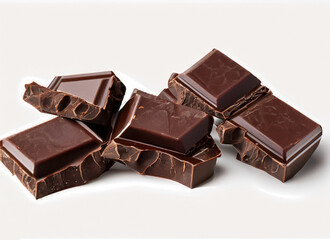 Pieces of dark chocolate isolated on white background.