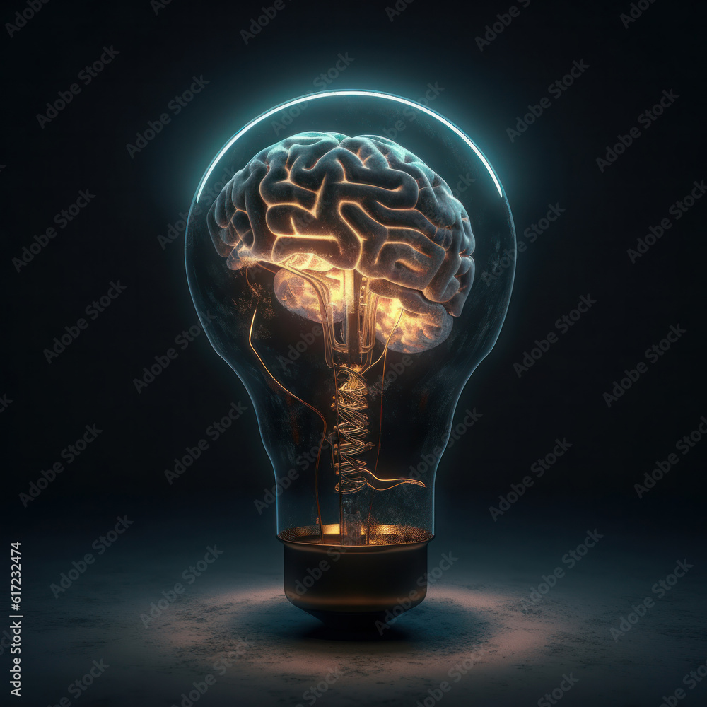 Poster glowing brain in a light bulb symbolizes creativity and innovation in technology. is ai generative.