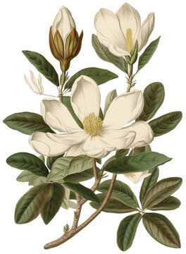 Magnolia flower isolated on transparent background, old botanical illustration