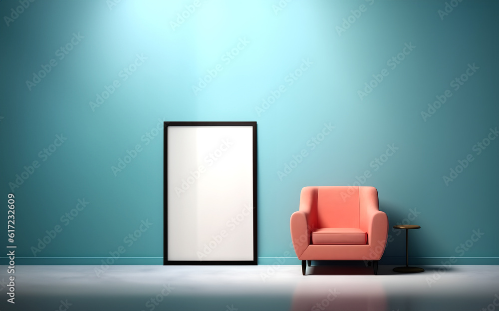 Poster abstract minimal concept. blue groovy retro background wall frame with bright armchair decor. mock u