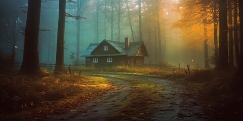 Autumn landscape of the countryside with an old hut in the forest at dawn. AI generation