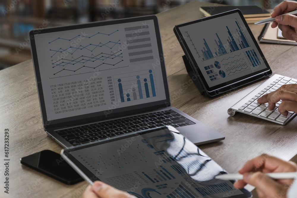 Poster work hard in data analytics and statistics information business technology analysis graph financial 