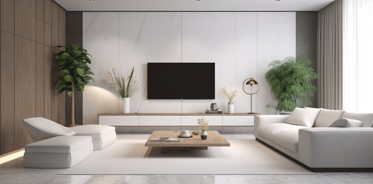 a white living room with an open wooden floor stock photo