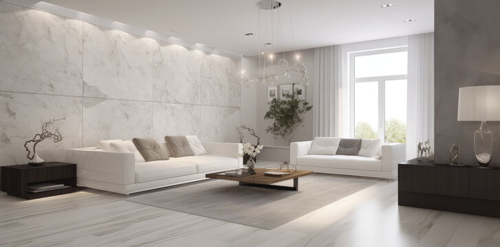 a white living room with an open wooden floor stock photo