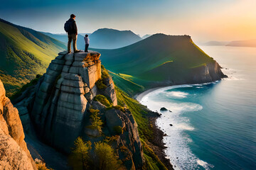 man and child on top of cliff by the sea