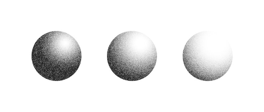 Textured gradient spheres set. Black dotted circles collection. Stippled round elements pack. Fading noise grain dot work shapes. Vanishing half tones and shadows effect illustration bundle. Vector 