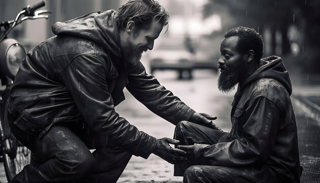 A man helps a homeless man 