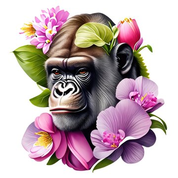 gorilla with flowers on white background